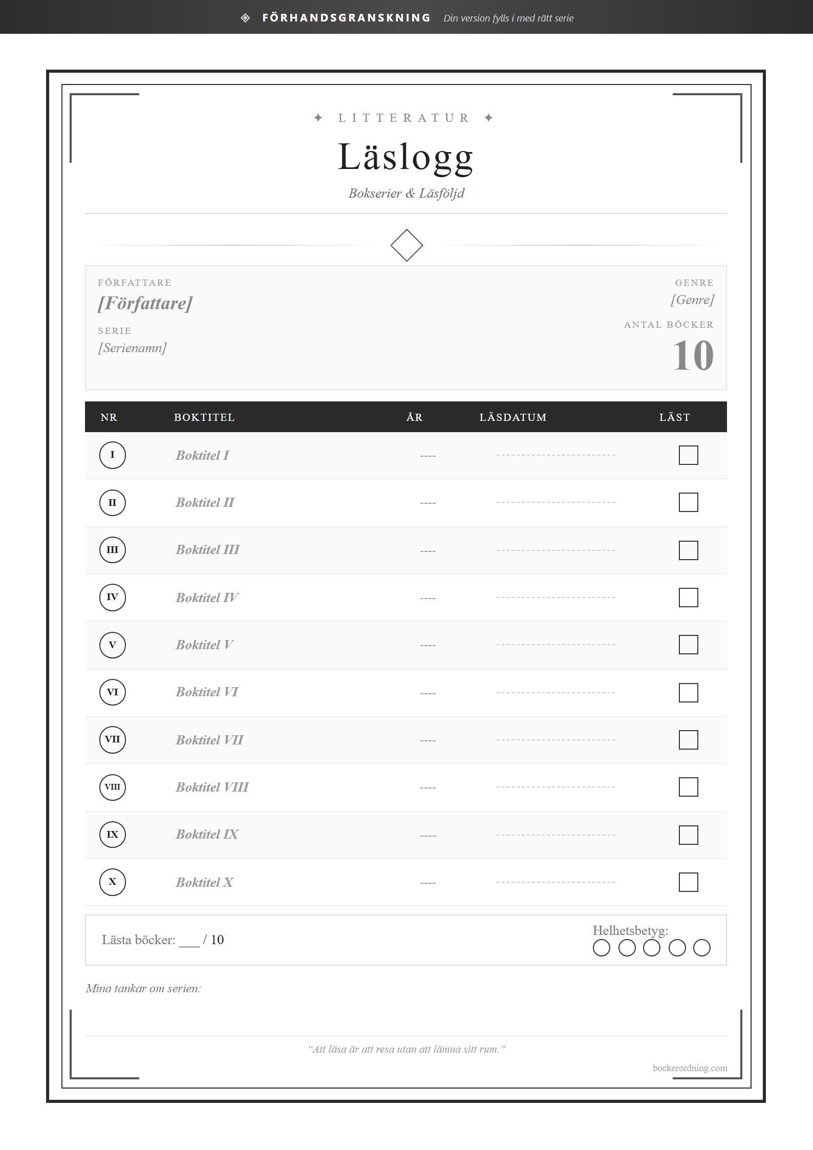 Serielogg checklista för Mons Kallentoft