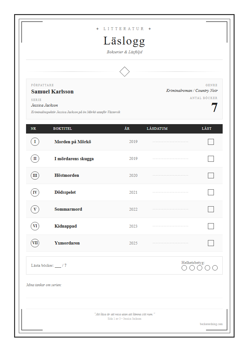 Samuel Karlsson Serielogg checklista
